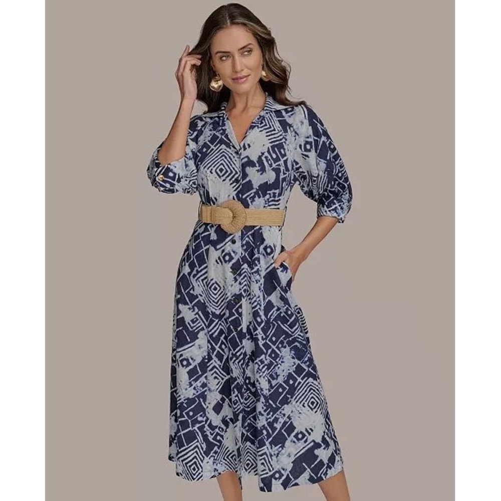 Donna KaranNavy Blue Geometric Print Midi Shirt Dress with Woven Belt Pockets10
